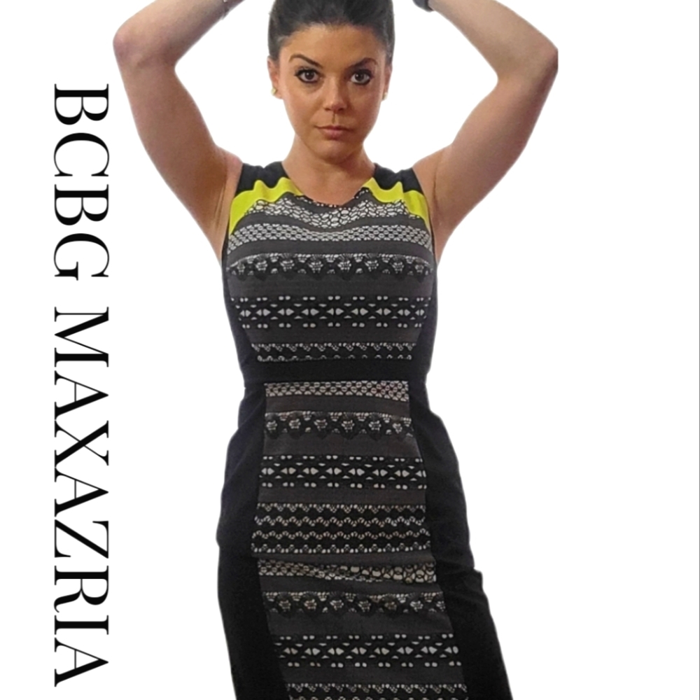 BCBG Dress, Eileen Sleeveless Black BCBG Lace Print Colorblock Neon Sheath, S: 4